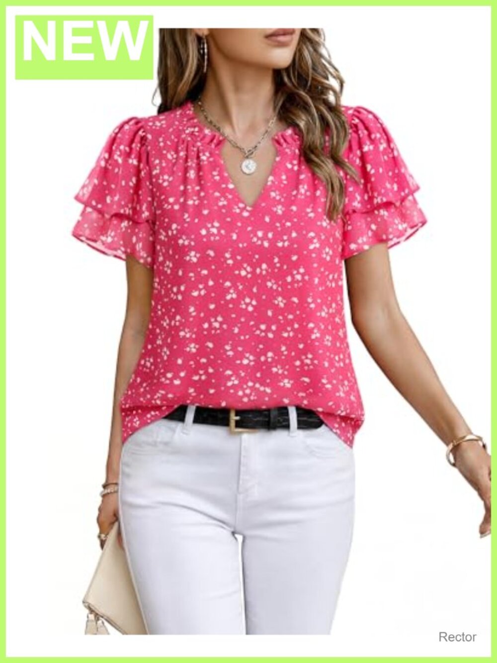 Womens Chiffon Blouse V-Neck Short Ruffle Sleeve Business Casual Top